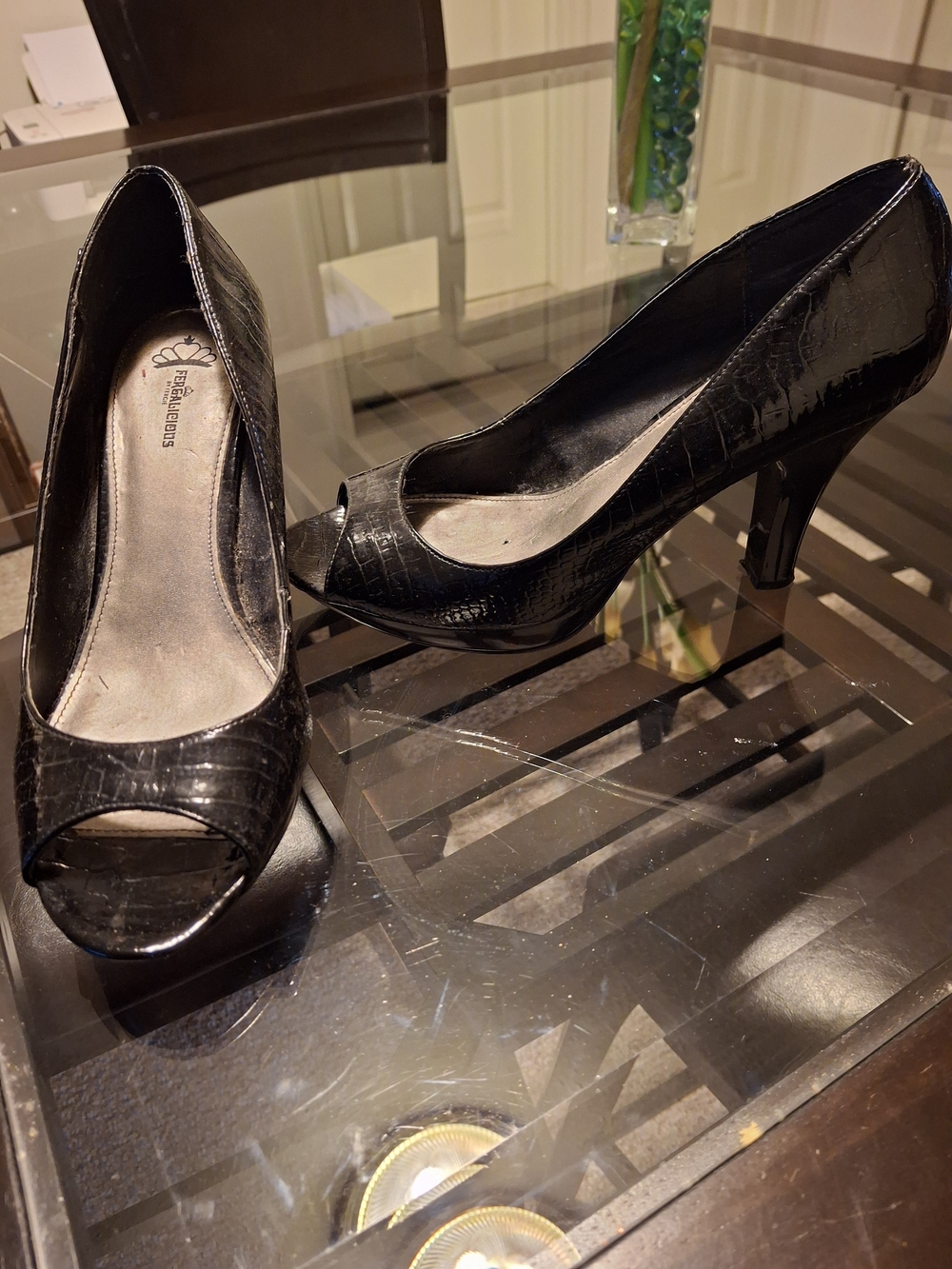 Black Peep-Toe Mid Heel Pumps by Fergalicious By fergie